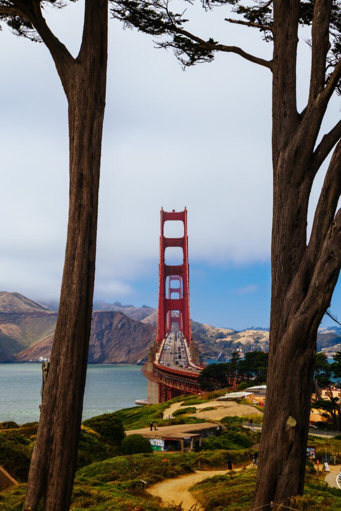Iconic Golden Gate Bridge San Francisco Iconic Landmark Over Water Landscape Nature Trees Fog