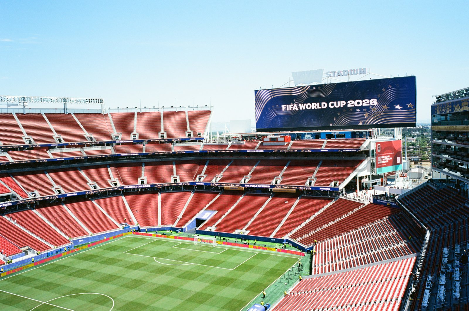 Levis Stadium Santa Clara California interior with FIFA World Cup 2026 screen and red seating Levis Stadium Santa Clara California interior with FIFA World Cup 2026 screen and red seating